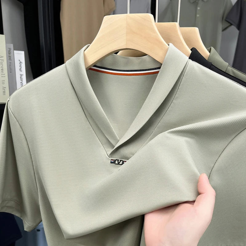 V-neck Elegant Men's Stretch Solid Color Short Sleeve T-shirt, Daily Commuting Top.2025 Summer New Arrivals