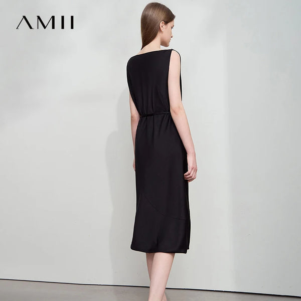 AMII Minimalism Summer Dress 2026 Thin Belt Swing Neck Dress Elegant Sleeveles Eveing Black Midi Dresses Women Clothing 12542150