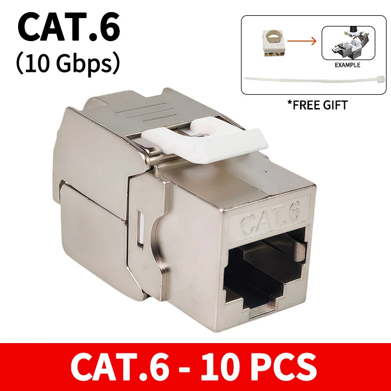 រន្ធ Cat6 RJ45 Keystone ចំនួន 10 ដើម ដែលគ្មានឧបករណ៍ 180 ដឺក្រេ មិនចាំបាច់ប្រើ Punch Down ម៉ូឌុលបណ្តាញ Ethernet 10Gbps សម្រាប់ខ្សែ STP Shielded