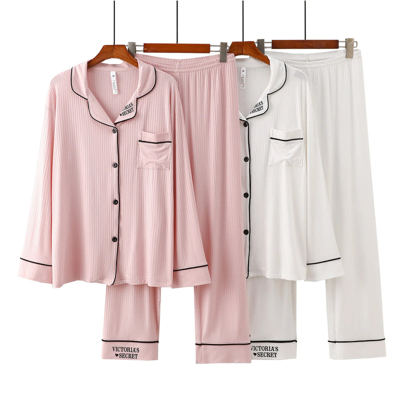 Women's Pajamas Spring Autumn Strips Modal Lapel Cardigan Trousers Sets Long-sleeved Loungewear New Sleepwear Pijama Mujer