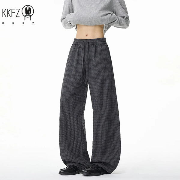 Men Relax Tapered Grid Pants Elastic Drawstring Waist Wrinkled Fabric Loose Baggy Cut Daily Casual Bottoms
