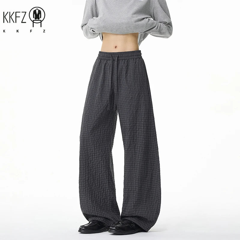 Men Relax Tapered Grid Pants Elastic Drawstring Waist Wrinkled Fabric Loose Baggy Cut Daily Casual Bottoms