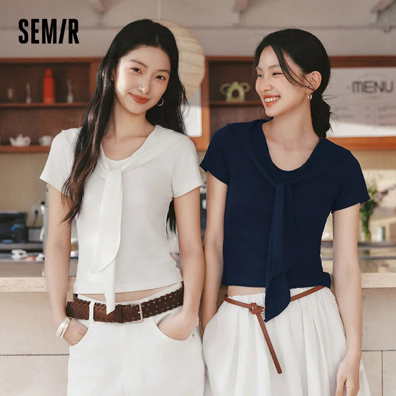 Semir Women Tshirt Short Length Fake Two Piece Lace Lapel Shawl Standard Shoulder Slim Fit 2026 Summer Fashion Top