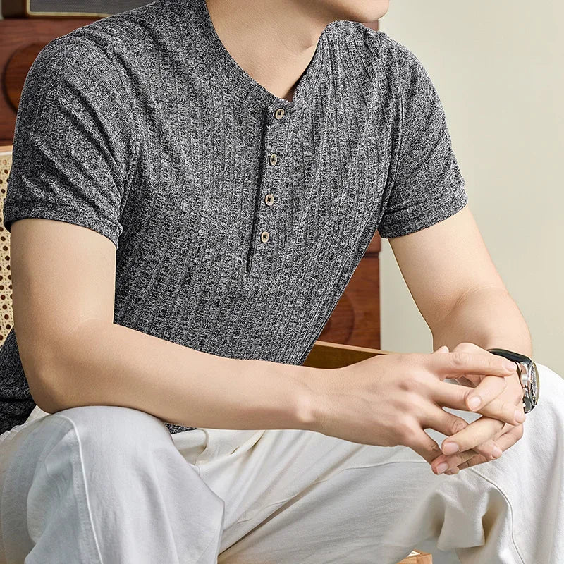 Daily Street Style Mens Speckle Textured Henley T Shirt Soft Knit Material Pub Visit Casual Dating And Short Trip Garment