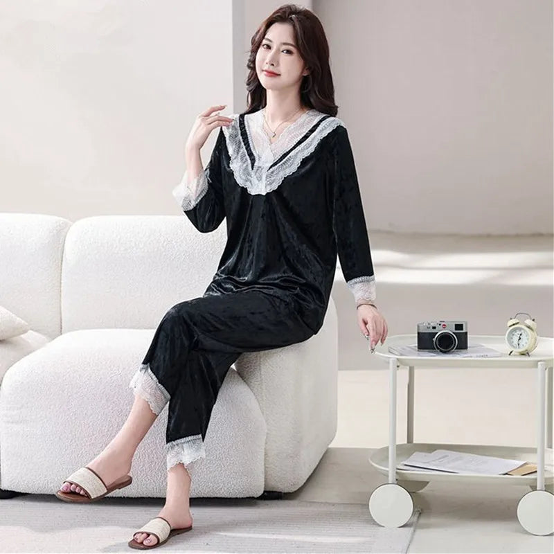 XL-6XL High End Gold Velvet Pajamas For Women's Autumn And Winter Long Sleeved Home Clothing Set Sexy French Sleepwear Suit