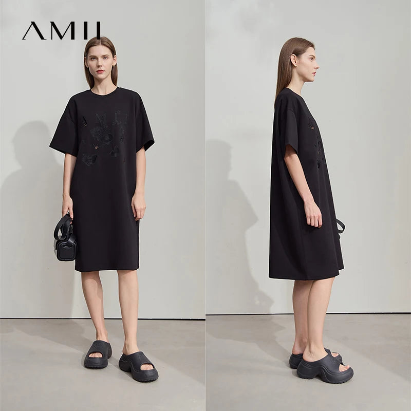រ៉ូប Amii Minimalism រលុងរដូវក្តៅឆ្នាំ ២០២៥ សម្លៀកបំពាក់នារីថ្មីសម្រាប់ការិយាល័យ ស្បៃកប្បាស ប៉ាក់ ស្រួលពាក់ 12512001
