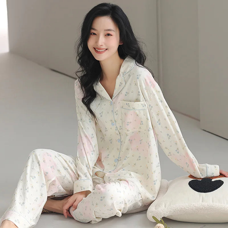 Pajama Woman Winter Cotton Spring Autumn Home Clothes Lapel Shirt Pant Suit Casual Printed Sleepwear Set New Pyjamas Femme