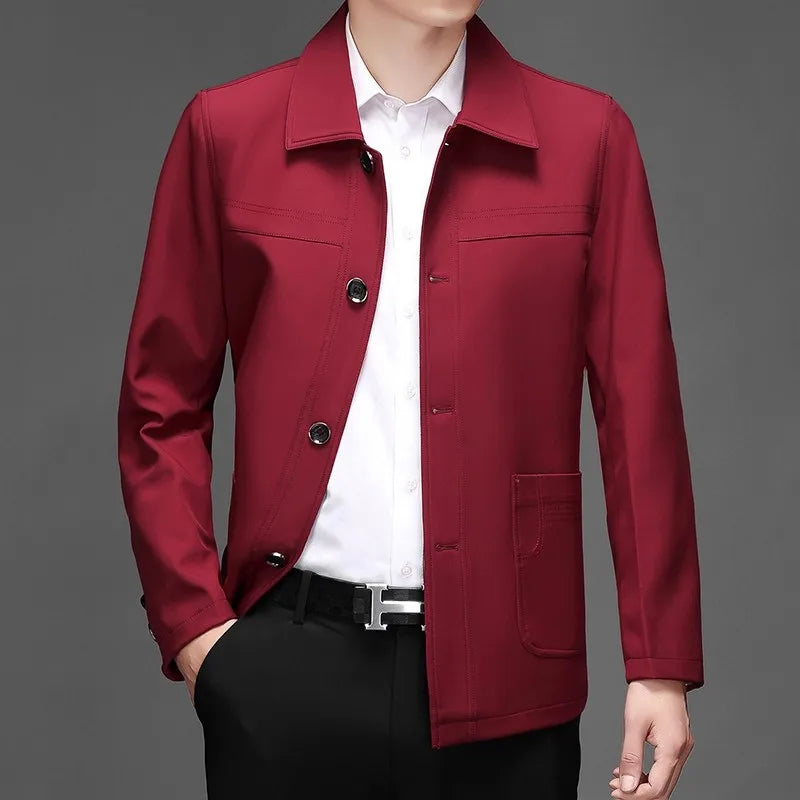 2026 New Men's Red Long-sleeve Collared Jacket, Black Single-breasted Casual Coat, Navy and Khaki Tops.