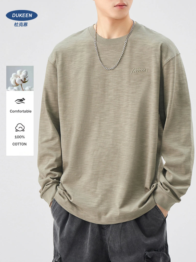 DUKEEN Heavyweight Slub Cotton Long Sleeve T-Shirt for Men Spring and Autumn Pure Cotton Crew-Neck Embroidered Tops Oversize