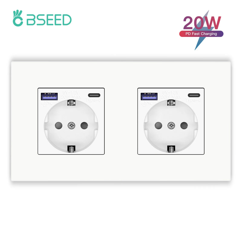 BSEED M1 Series EU Wall Socket USB Type-C Port Outlets Double Plastic Frame Sockets Triple Power Plugs Kids Protection 16A