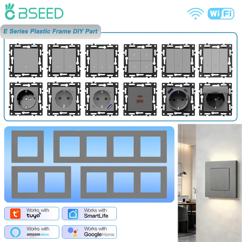 BSEED E Series WIFI Click Light Switch Part 1/2/3/4Gang 2Way Switch Function DIY Part EU Smart Socket Outlets Plastic Frame