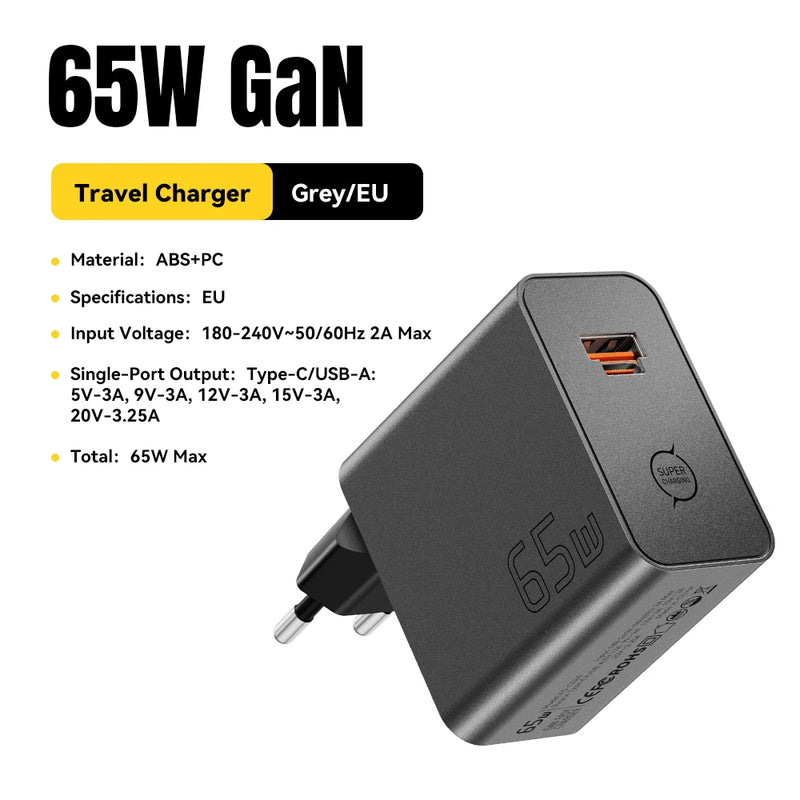 ឆ្នាំងសាក ESSAGER 65W GaN PD3.0 PPS QC4.0 ឆបគ្នាយ៉ាងពេញលេញសម្រាប់ iPhone 17 16 Samsung S26 MacBook Air Huawei Laptop PD Fast Charger