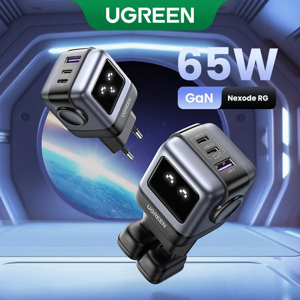 ឆ្នាំងសាក UGREEN 65W GaN ឆ្នាំងសាក Uno Robot Design Quick Charge 4.0 3.0 PPS PD Fast Charger សម្រាប់ iPhone 18 17 16 Pro Macbook Laptop Tablet