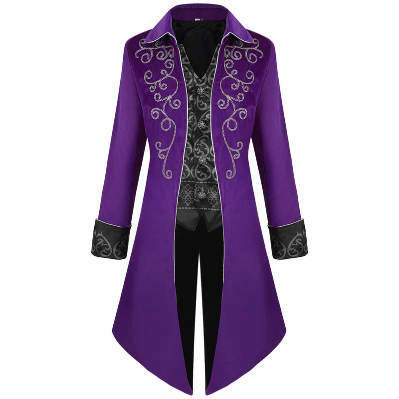 Red Embroidered Men's Long Jacket, Black Mock Two-piece Trench Coat, Purple Collared Vintage Tailcoat.