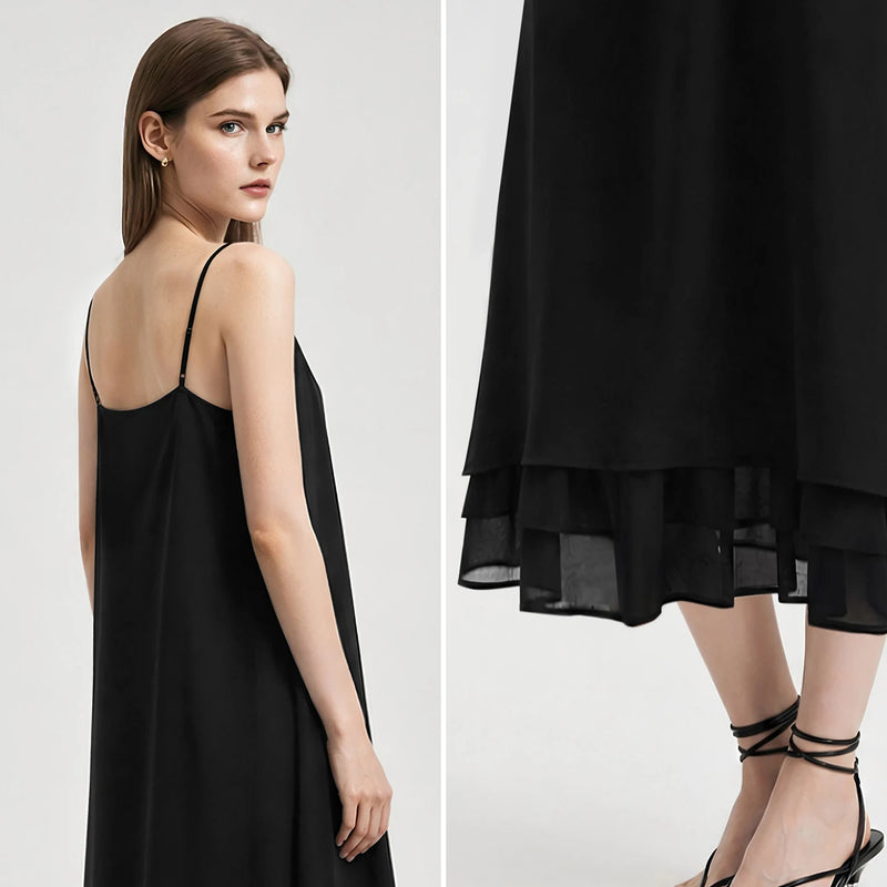 Amii Slip Women's Dress 2026 Summer New V Neck Straight Casual Color Block Chiffon Spaghetti Strap Midi Dress For Women 12622101