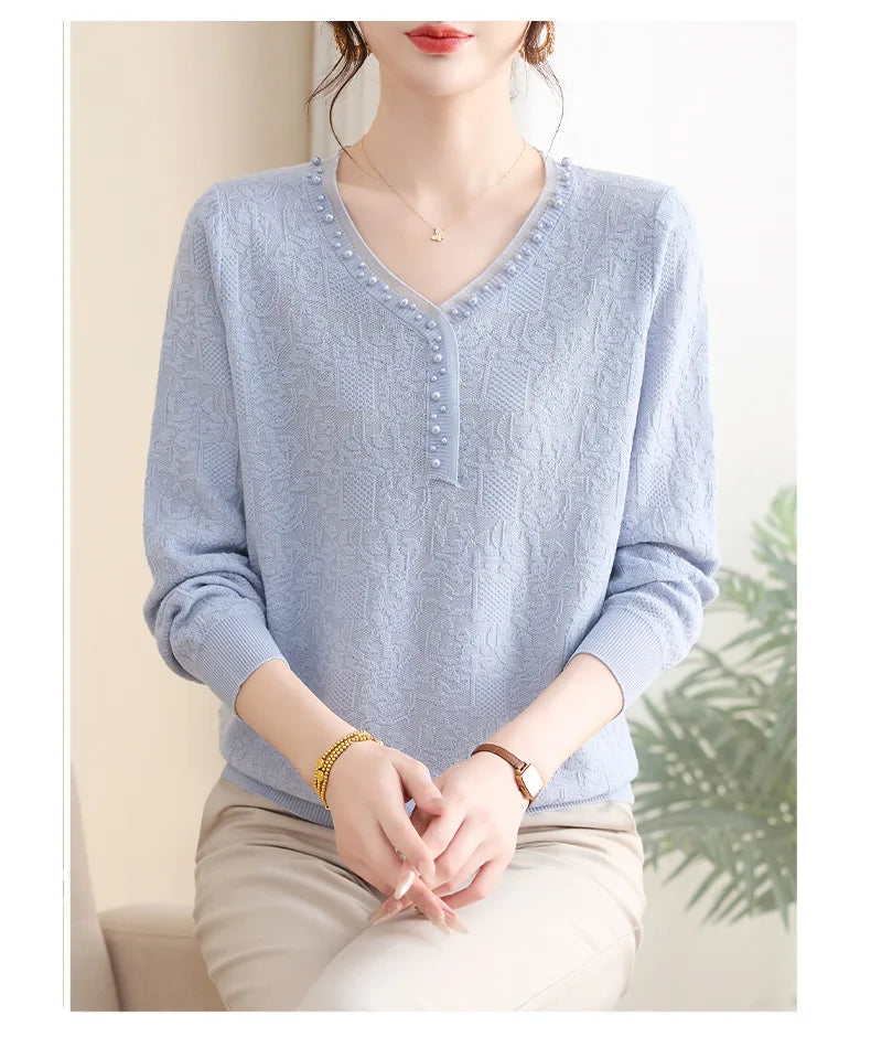 Sweater For Woman V Neck Long Sleeve Tops Spring Autumn Women's Clothing Beading Pullover Blouse Hot Sweaters Female Jumper