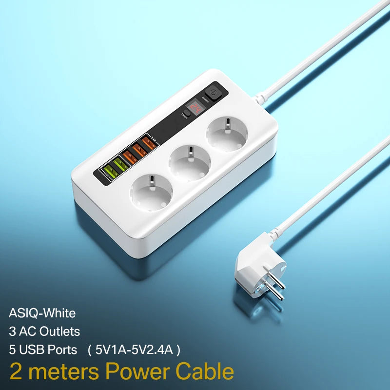 រន្ធដោតភ្លើងឆ្លាតវៃ 2500W រន្ធដោតបន្ថែមជាមួយកុងតាក់ ឧបករណ៍ការពារការកើនឡើងនៃចរន្តអគ្គិសនី ឌុយ EU រន្ធដោត AC 3 រន្ធ USB 5 ប្រវែង 2 ម៉ែត្រ
