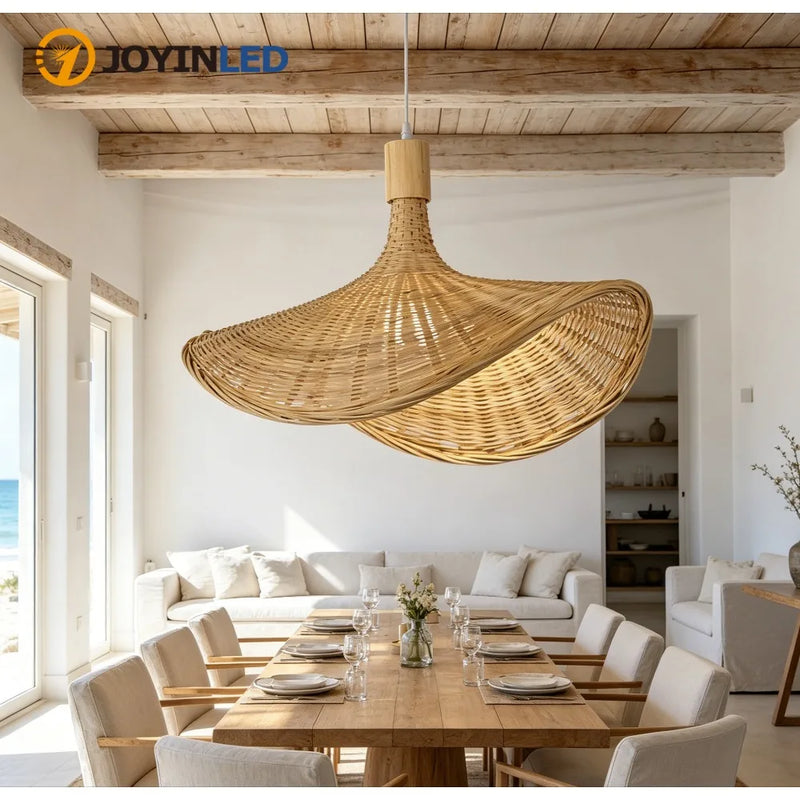 JOYINLED Chinese Style Bamboo Chandelier Rustic Handmade Woven Pendant Lighting for Kitchen Island Farmhouse Dining Room Lamp