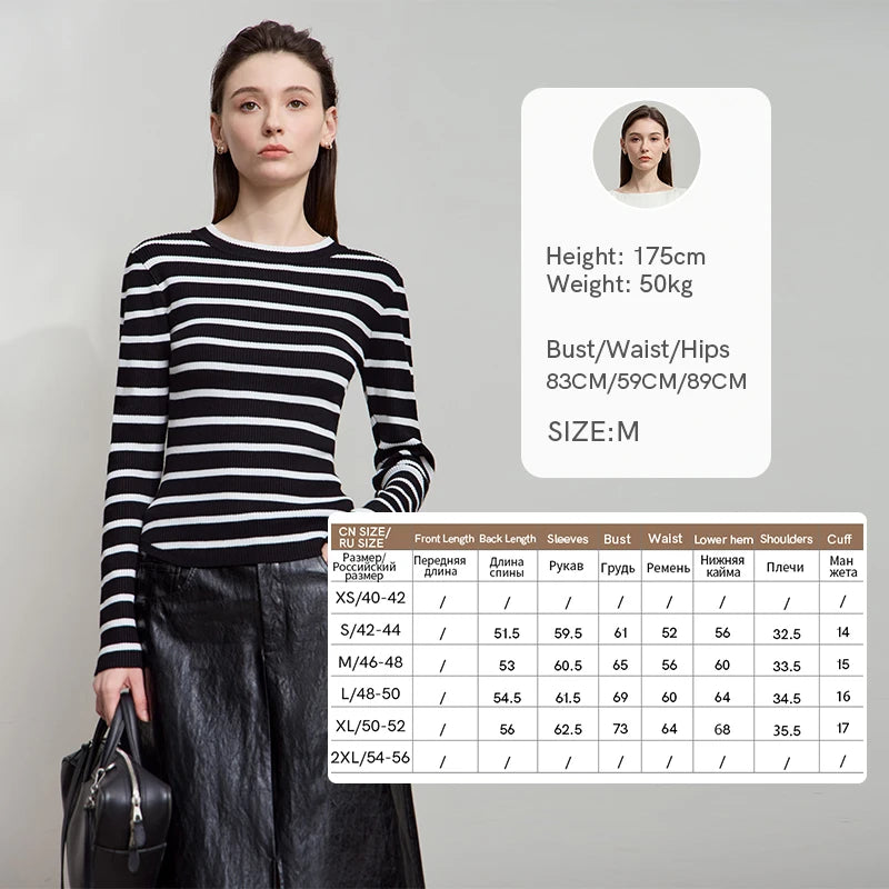 AMII Minimalism Women's Sweater 2026 Autumn New Office O-Neck Pullovers Knitt Sweaters Long Sleeves Women's Strip Tops 12523134