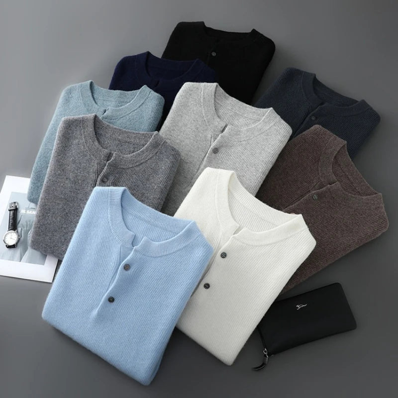 100% Wool Sweater, Round Neck Button Detail, Solid Jacquard Knit, Loose Fit Autumn Winter