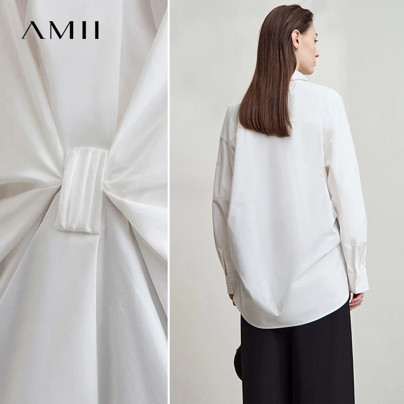 AMII Women's Blouse 2026 Autumn New Elegant Long Sleeves Shirts Woman Clothes Casual Bow V-neck Pleated Ladies Tops 12553041