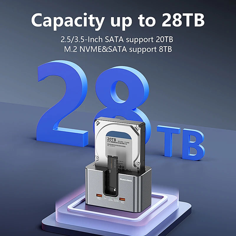ស្ថានីយ៍ចត HDD SSD Blueendless សម្រាប់ M.2 PCIE NVMe និង M.2 SATA និង 2.5'/3.5' SATA SSD/HDD ជាមួយ USB3.2 HUB HDD/SSD Enclosur