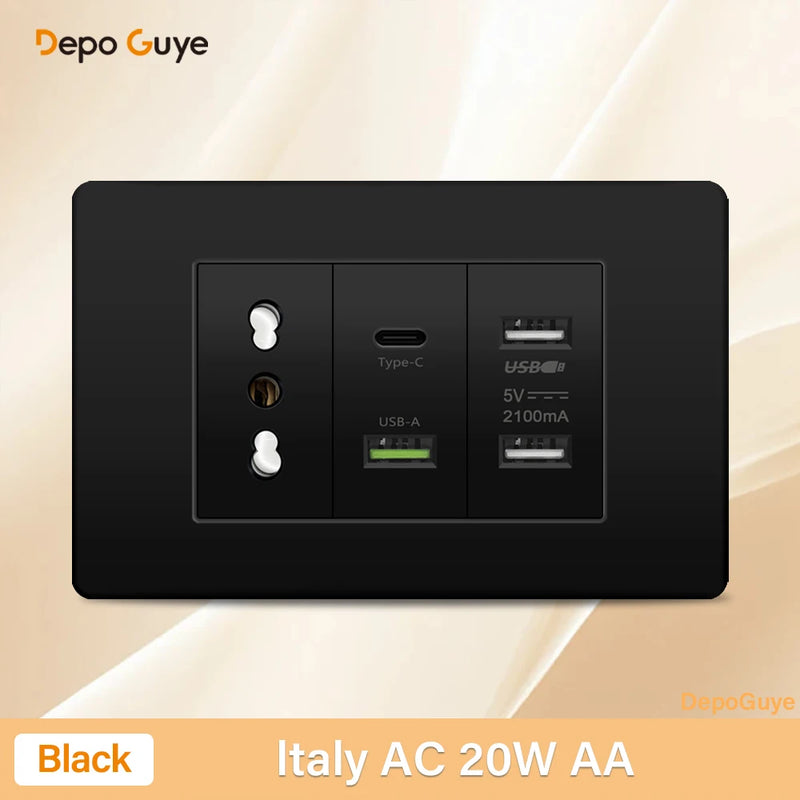 Italy Chile Mexico Outlet with USB Smart Type-c 20W Fast Charging Wall plug,Brazil Electric Light Switch Dual usb Power Socket