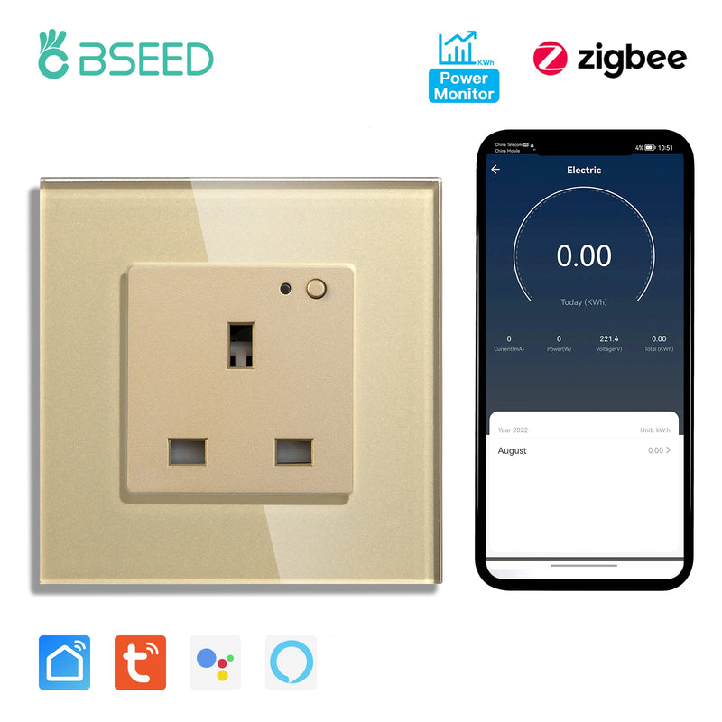 BSEED UK Standard Zigbee Power Monitor Socket Smart Double Electric Power Outlets Tuya Smart Iife Google Home Control 13A