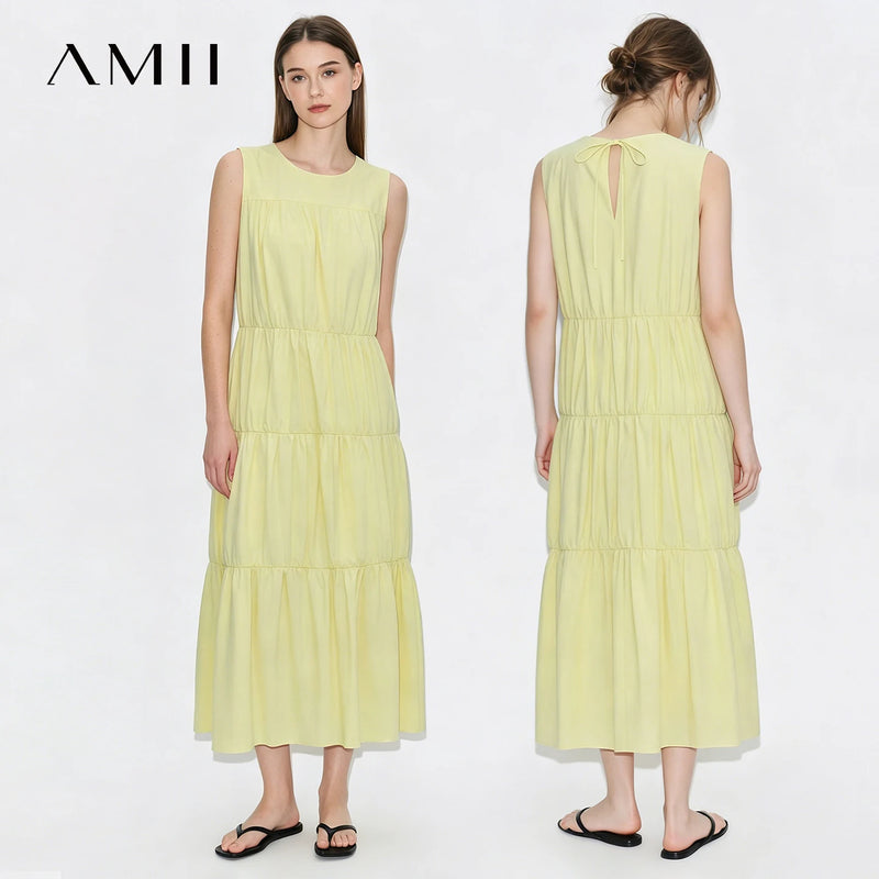 Amii 100% Cotton Women Dress 2026 Summer New Round Neck Sleeveless Back Tie Casual Vacation Style A-Line Midi Dress 12642110