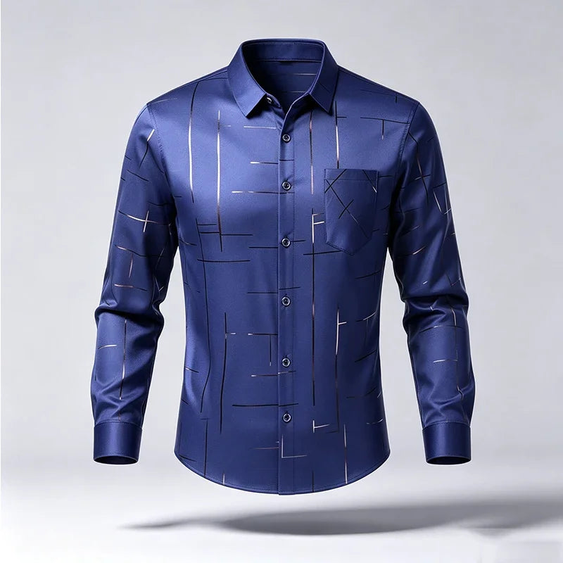 Male Spring Autumn Long Sleeve Shirts Lapel Style Wrinkle Free Fabric Geometric Line Print Chest Pocket Button Shirts