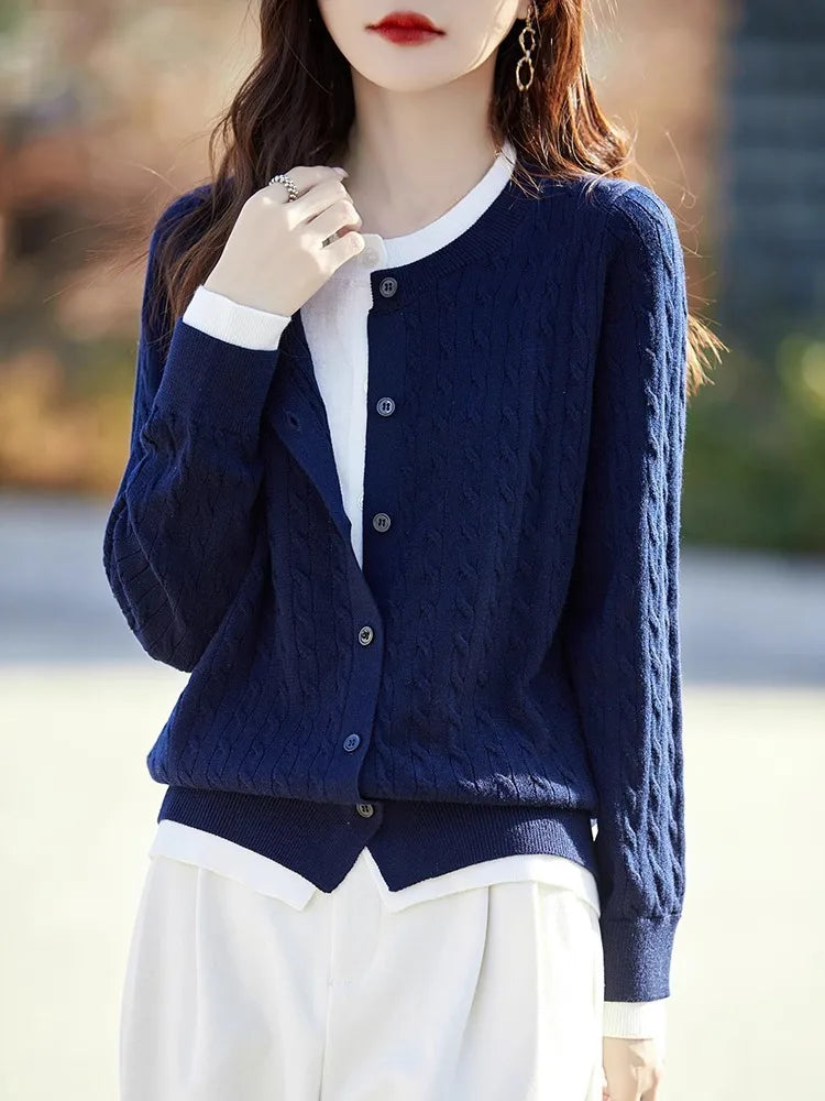 Korean Fake Two Pieces Sweater For Woman Knit Spring Autumn Cardigan Coat Woolen Knitwear Tops Female Cardigans Women Jacket