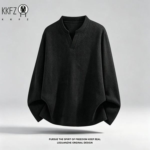Mens Notched V Neck Long Sleeve Shirt Herringbone Woven Pattern Loose Fit For Daily Casual Occasions