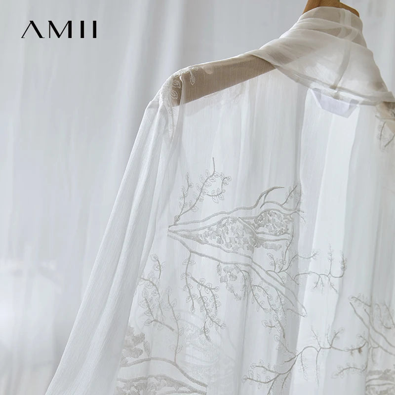 Amii Minimalism Vacation Chiffon Shirt 2026 Summer New Office Lady Thin Loose Transparent Embroidery Floral Cardigan 12552108