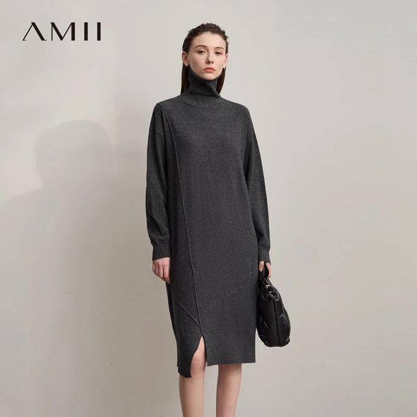 AMII Womens Dresses 2026 Winter New Turtleneck Long Sleeves Asymmetrical Dresses For Woman Knit Loose Ladies Clothing 12553015