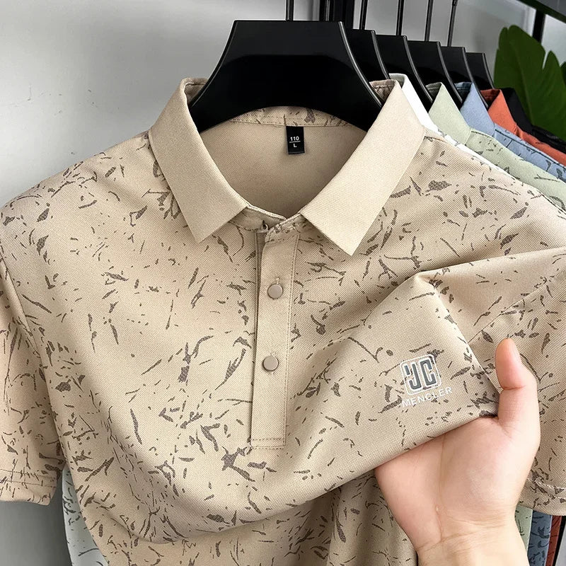 Business Casual Mens Splash Pattern Polo Short Sleeve Breath Mesh Short Vacation And Weekend Party Apparel