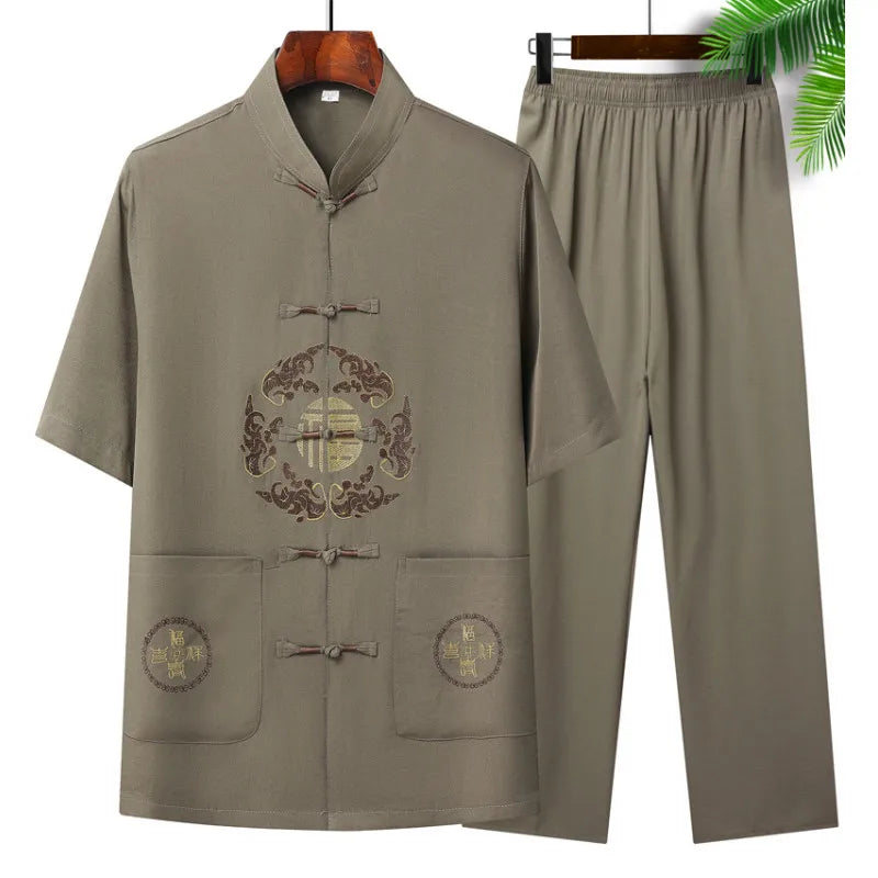 Chinese-style Men's Stand-collar Two-piece Set: A Summer Short-sleeve Shirt Paired with Cropped Pants. Red,Blue,Green,Khaki,Gray