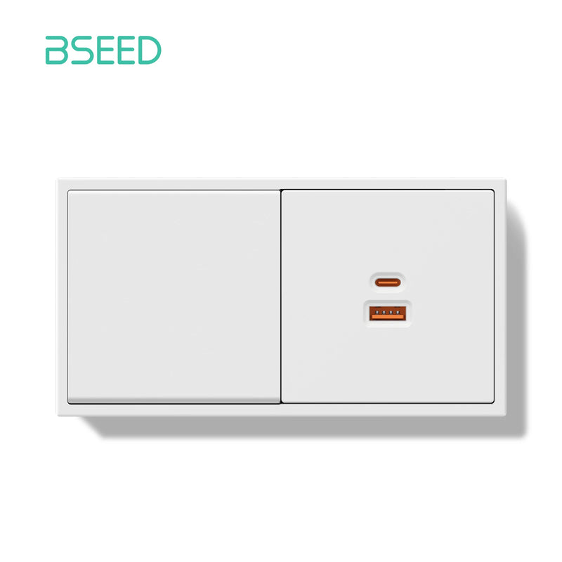 BSEED Mechanical Button Light Switch 1/2Gang 1Way With 65W USB Type-C Fast Charge Socket Plastic Frame Switch With LED Indicator