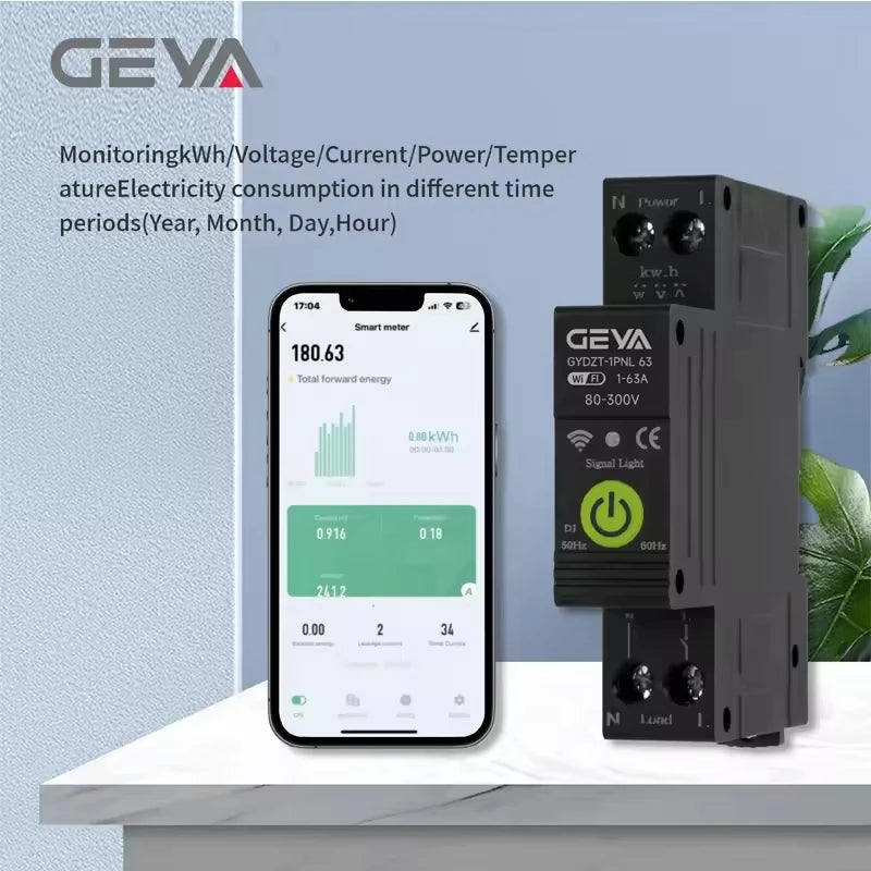 GEYA Tuya WiFi Smart Circuit Breaker MCB 63A Timer Power Energy KWh Voltage Current Meter Protector Remote Control Switch