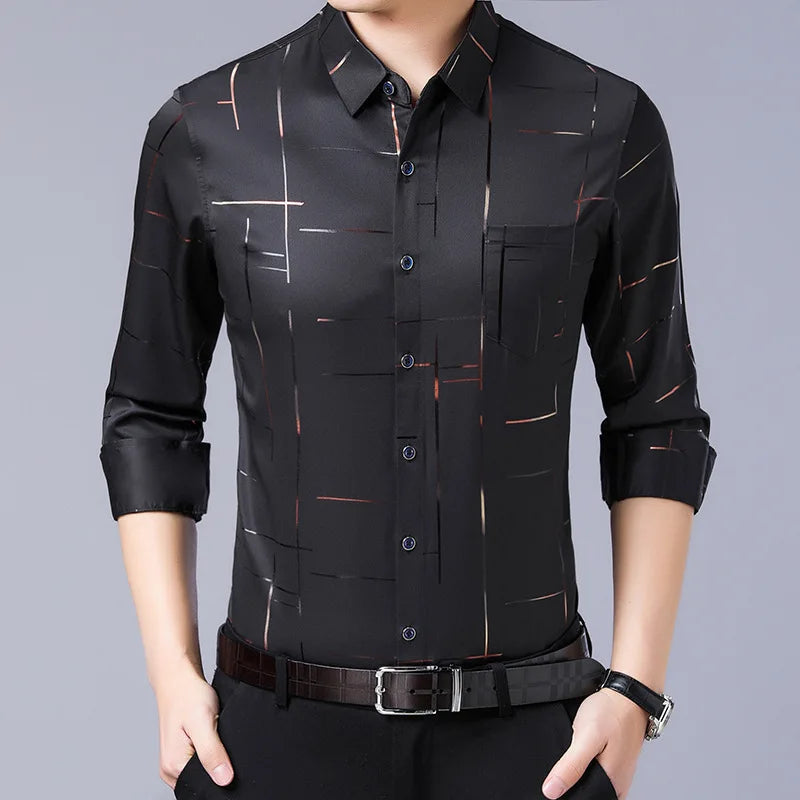 2026 Men's Casual and Fashionable Long Sleeved Printed Shirt, Non Ironing and Wrinkle Resistant Business Top. Asian sizes M–4XL