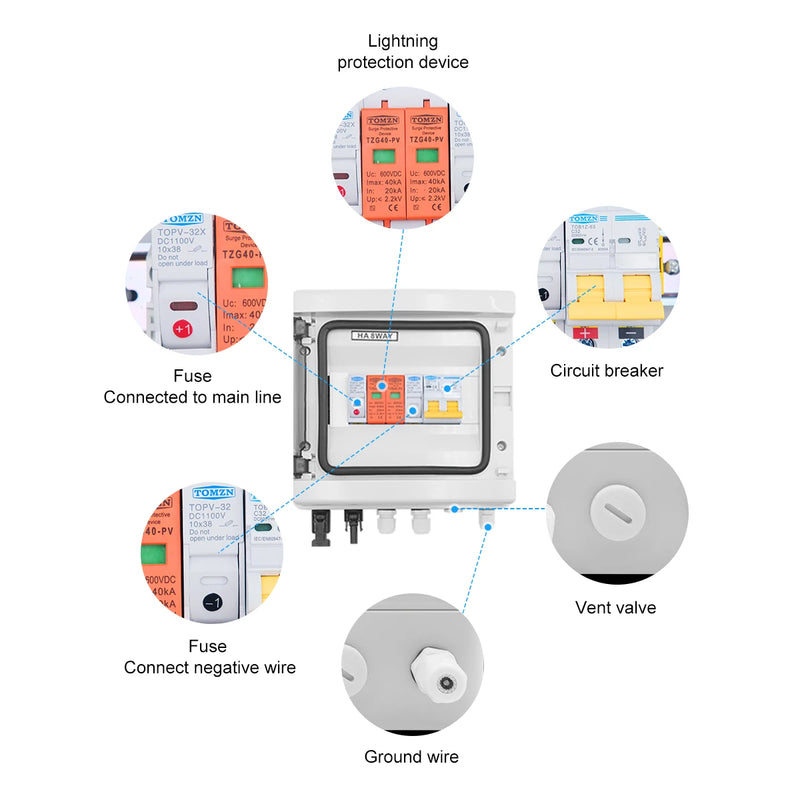 TOMZN Solar Photovoltaic PV Combiner Box With Lightning Protection 1 Input 1 Out DC 600V Fuse MCB SPD Waterproof Box IP65