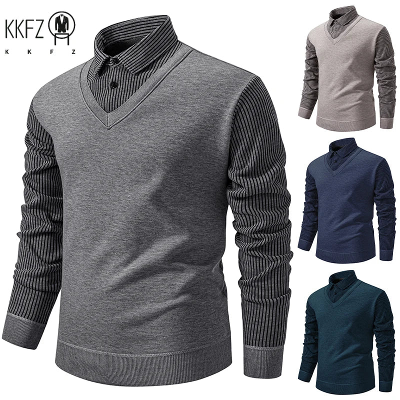 Daily Casual Male Knitted Pullover Fake Two Piece Waistcoat Fleece Lined Vertical Stripe Shirt Collar Slim Long Sleeve Garment
