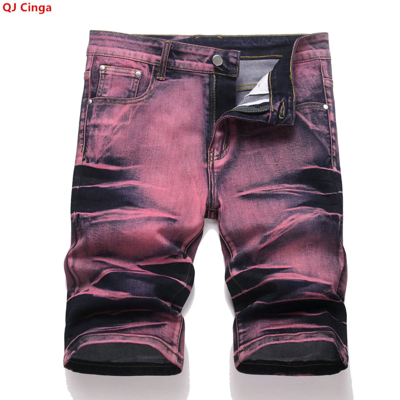 Men's Red Men's Knee-Length Shorts for Summer, Pants Made From Stretch Denim; Asian Sizes 28–42.