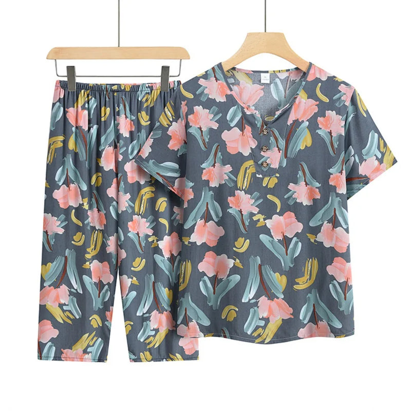Women's Summer Pajamas Short-Sleeved Night Wear For Ladies Sleepwear Two-piece Middle-aged Pijama Floral Home Wear Pyjama Femme