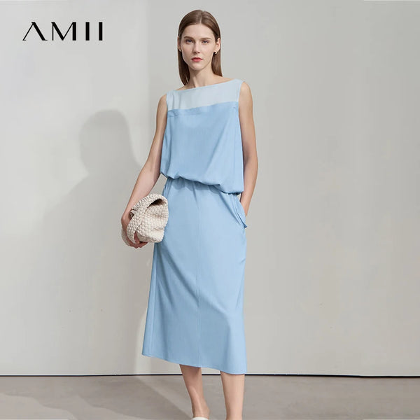 រ៉ូប AMII Comfort Vented ដៃខ្លី ពណ៌ចម្រុះ រដូវក្តៅ ឆ្នាំ២០២៥ សម្រាប់នារីការិយាល័យ ចង្កេះរាបស្មើ លំនាំប៉ាក់ រ៉ូបរលុង សម្រាប់នារី 12552024