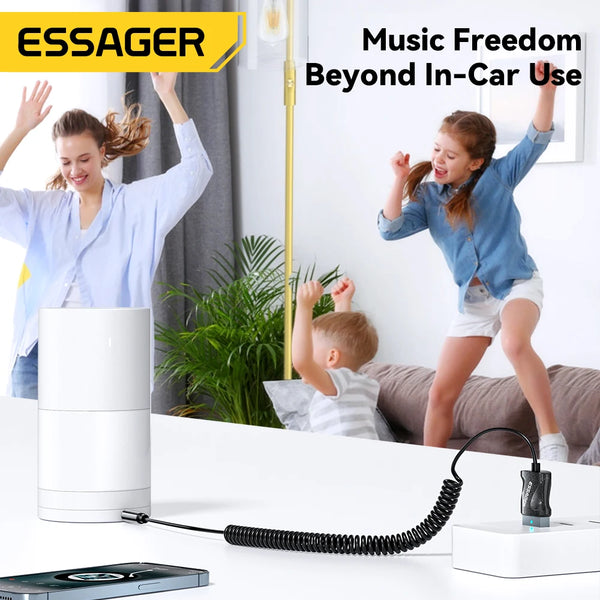 ឧបករណ៍ភ្ជាប់ Bluetooth 5.0 របស់ Essager សម្រាប់ភ្ជាប់ឧបករណ៍បំពងសម្លេងឥតខ្សែក្នុងរថយន្ត ដែលអាចភ្ជាប់ទៅឧបករណ៍បំពងសម្លេងក្នុងរថយន្តបានតាមរយៈ USB ទៅរន្ធដោត 3.5mm។