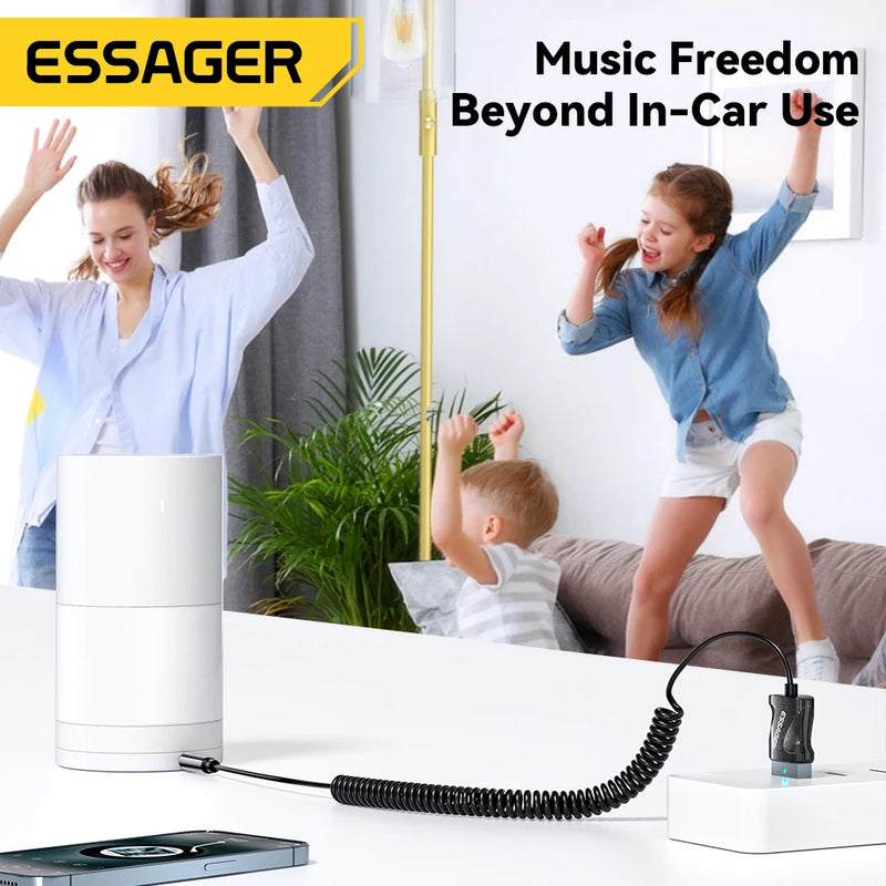 ឧបករណ៍ភ្ជាប់ Bluetooth 5.0 របស់ Essager សម្រាប់ភ្ជាប់ឧបករណ៍បំពងសម្លេងឥតខ្សែក្នុងរថយន្ត ដែលអាចភ្ជាប់ទៅឧបករណ៍បំពងសម្លេងក្នុងរថយន្តបានតាមរយៈ USB ទៅរន្ធដោត 3.5mm។