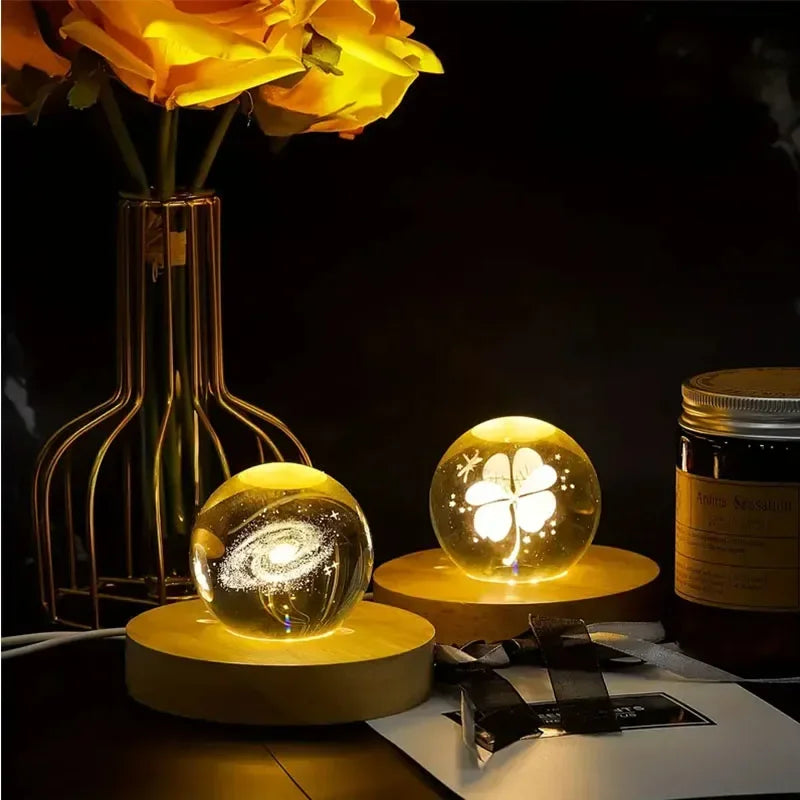 6cm/8cm Round Panel Decorative Light LED Ambient Lighting USB-Powered Wooden Base Night Light Handmade DIY Decorative Lamp