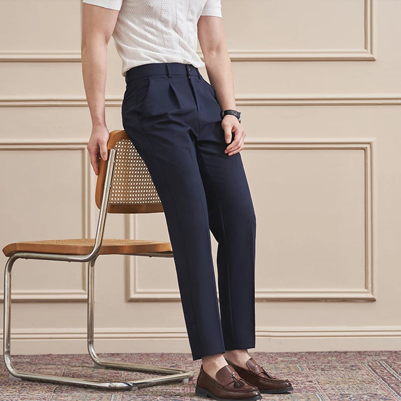 High Quality Men's Business Casual Slim-Fitting Suit Pants, Classic Solid Color Straight Work Trousers