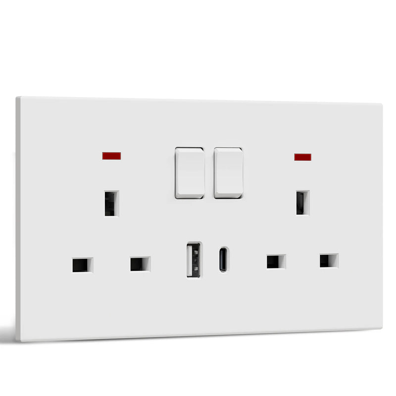 BSEED UK Standard Switched Wall Socket with USB Type-C Port 13A Electric UK Outlet with Switch On Off Integrated Panel Plastic