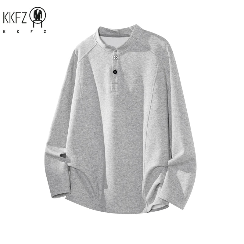 Male Raglan Sleeve Henley Pullover Stand Collar Two Button Long Sleeve Breathable Fabric Casual Travel Garment